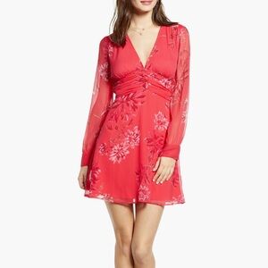 Leith Red Shirred Waist Long-sleeve Mini Dress